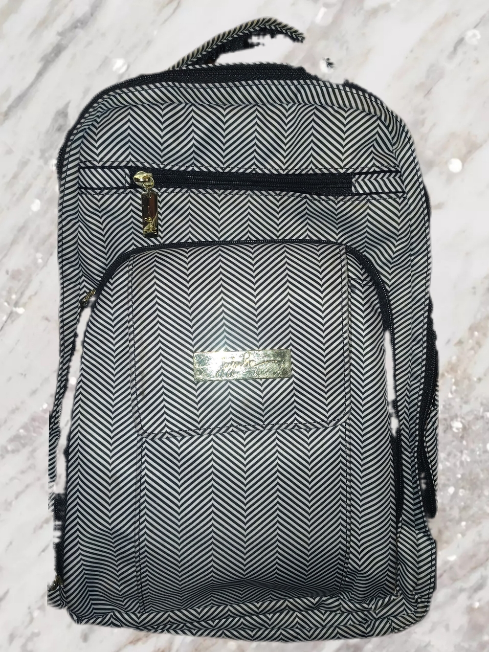 Ju-Ju-Be Black and White Chevron Backpack with Front Zip Pocket